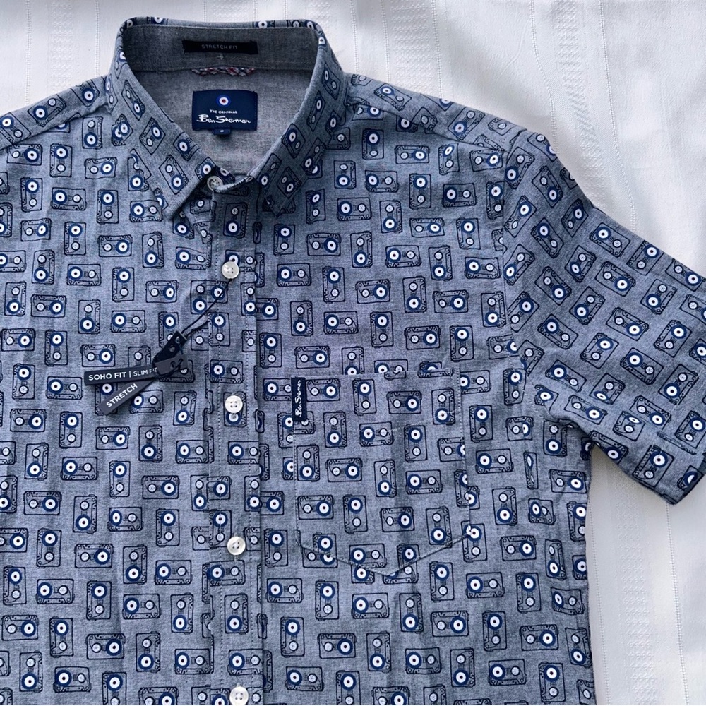 Ben Sherman shirt button down cassette tape graphic print men’s small blue NWT